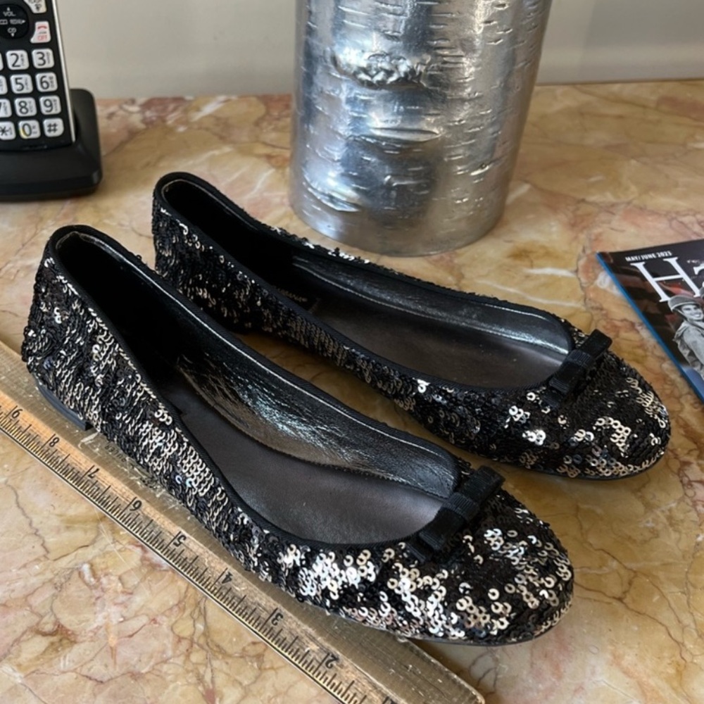 Dolce & Gabbana Black Silver Sequin Flats with Bow